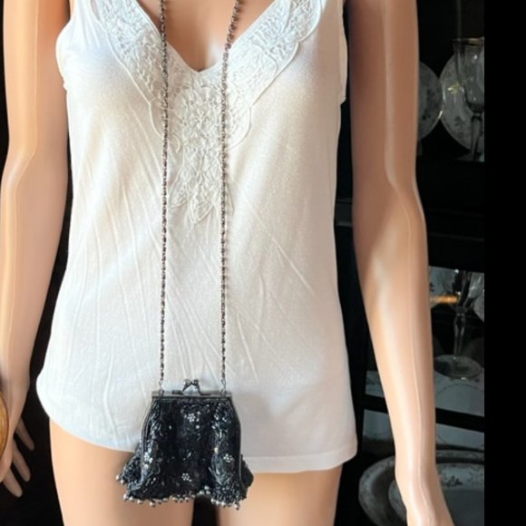 Mini-Purse: Black and Silver Beads, Black Sequins, & Gunmetal Gray Chain Strap - Picture 11 of 15